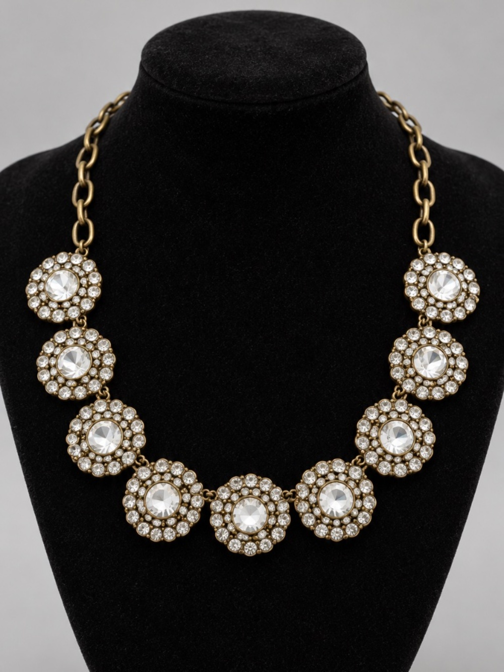 J.Crew Y2K Crystal Rosette Statement Necklace Antique Gold Tone